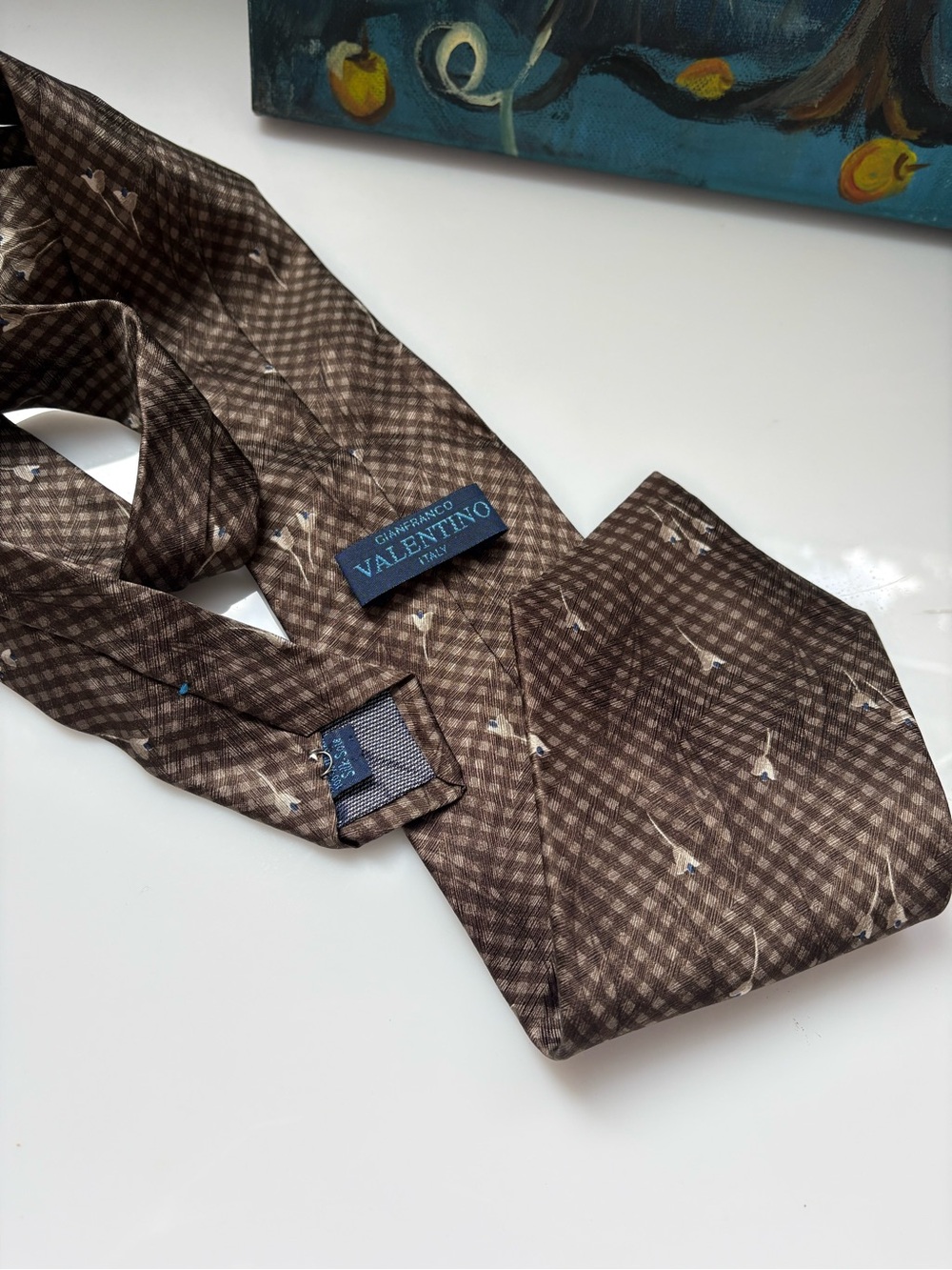 Valentino Brown Checked Silk Tie with Subtle Motif